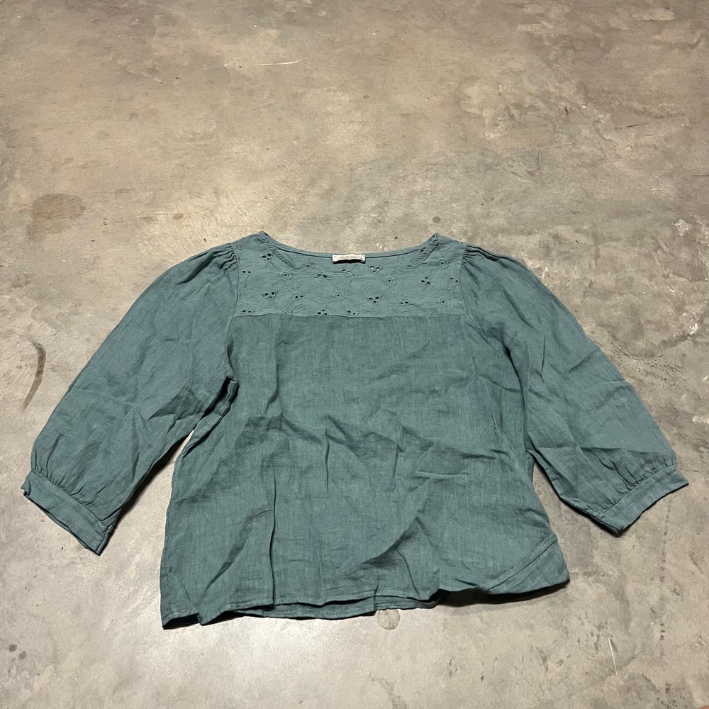 Bellambia Italy Women Blue Green 100% Linen Eyelet Embroidered 3/4 Sleeve Size S